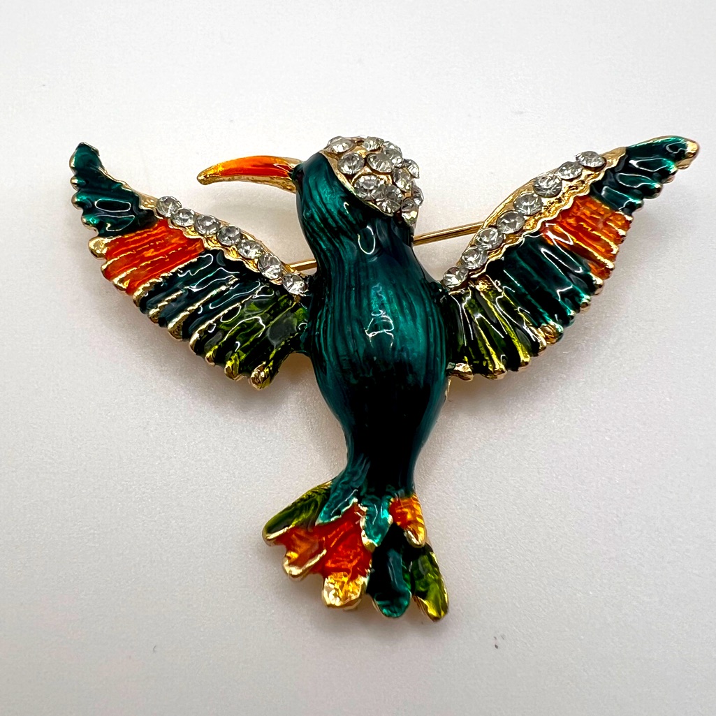 Diamond Simulant & Enamel Gold Tone Bird Brooch
